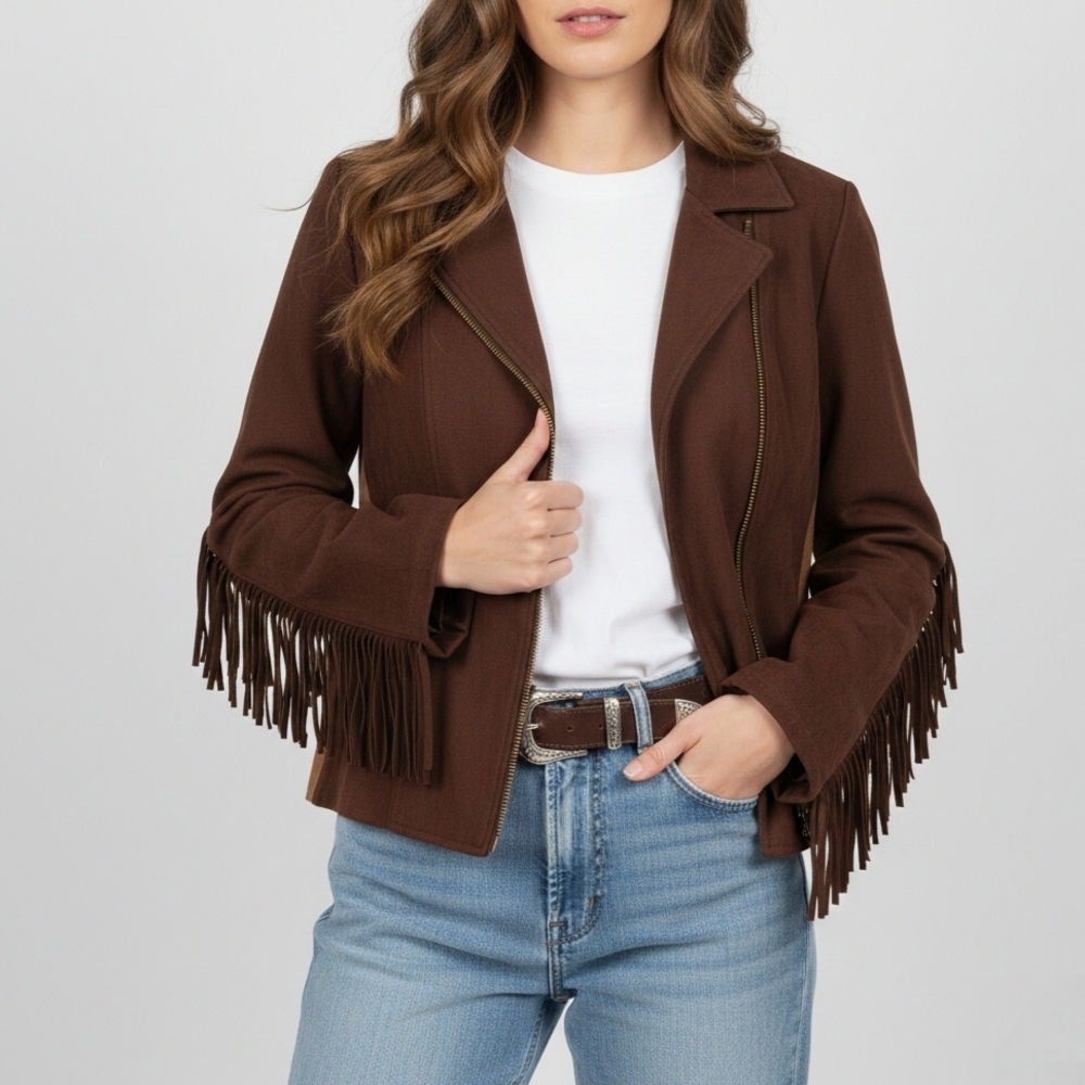 Vintage Vixen Brown Faux Suede Fringe Western Zip Jacket L Cowgirl Boho Fedtival